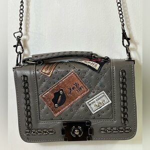 La Polo Women’s Crossbody Bag Gray Silver Faux Leather Patches Designer Purse
